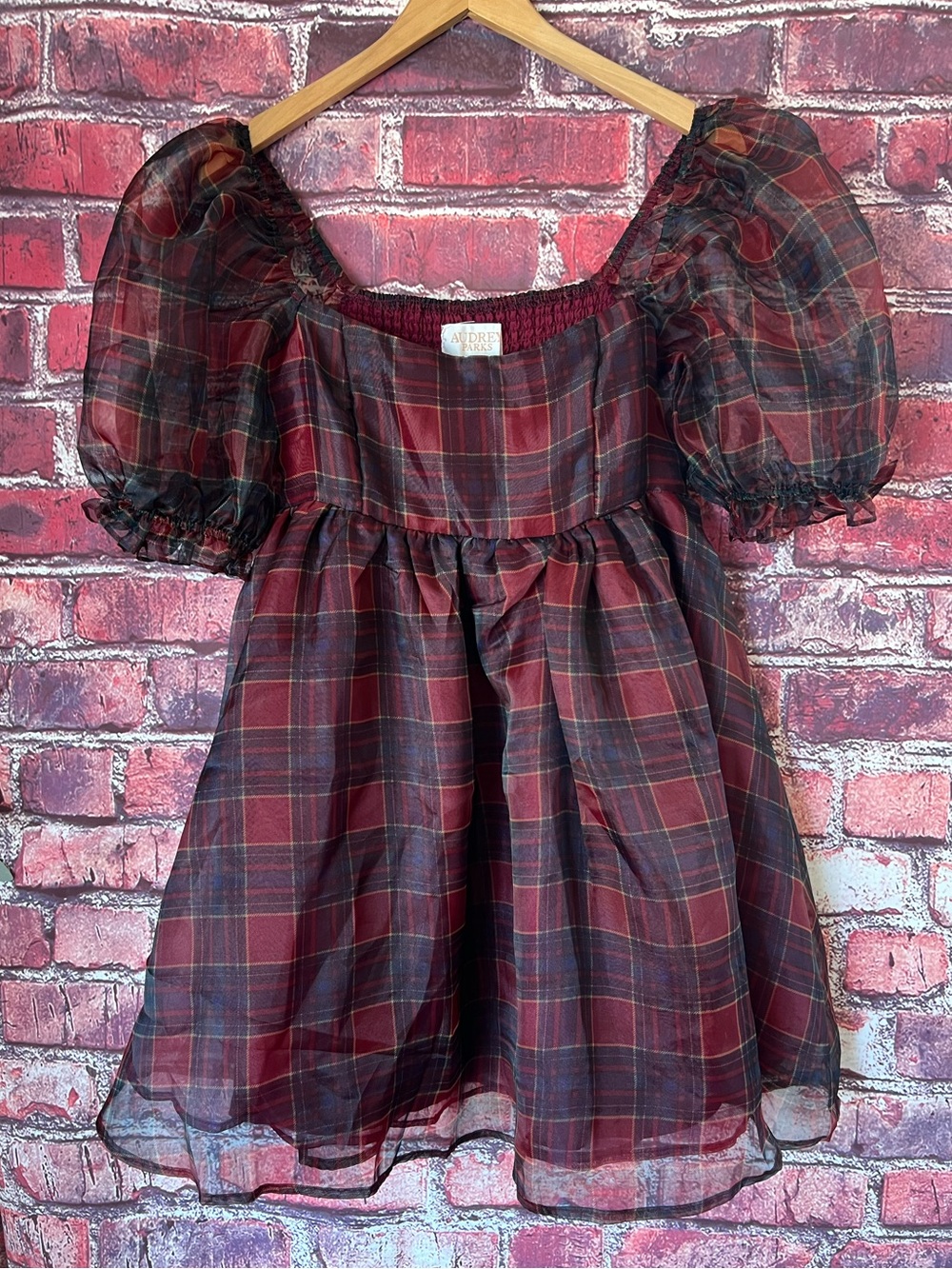 NWT Audrey Parks Francesca’s Plaid Organza Puff Sleeve Babydoll Dress
